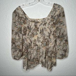 Free People Babydoll Top Size XS Floral Shirt Blouse 3/4 Sleeve Sheer Stretch